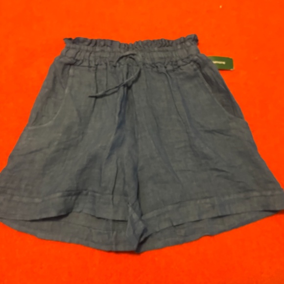 Retro petrol blue high waist pure linen gathered shorts bermudas NWT - Picture 2 of 9